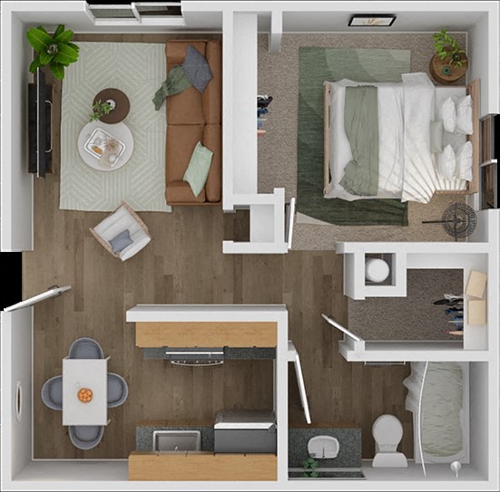 Floor plan for 1 bed, 1 bath, 625 sqft